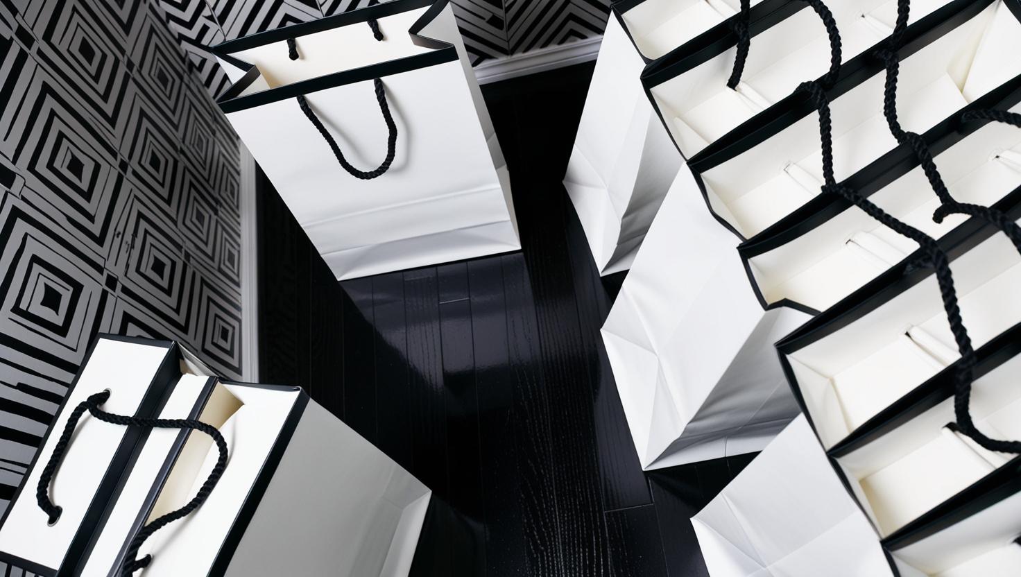 weiße Shopping-Bags mit schwarzem Rand auf schwarzem Holzboden stehend, grafische schwarz-weiße Tapete, Bild von oben fotografiert, Personal Shopping und Stilberatung stil-verliebt