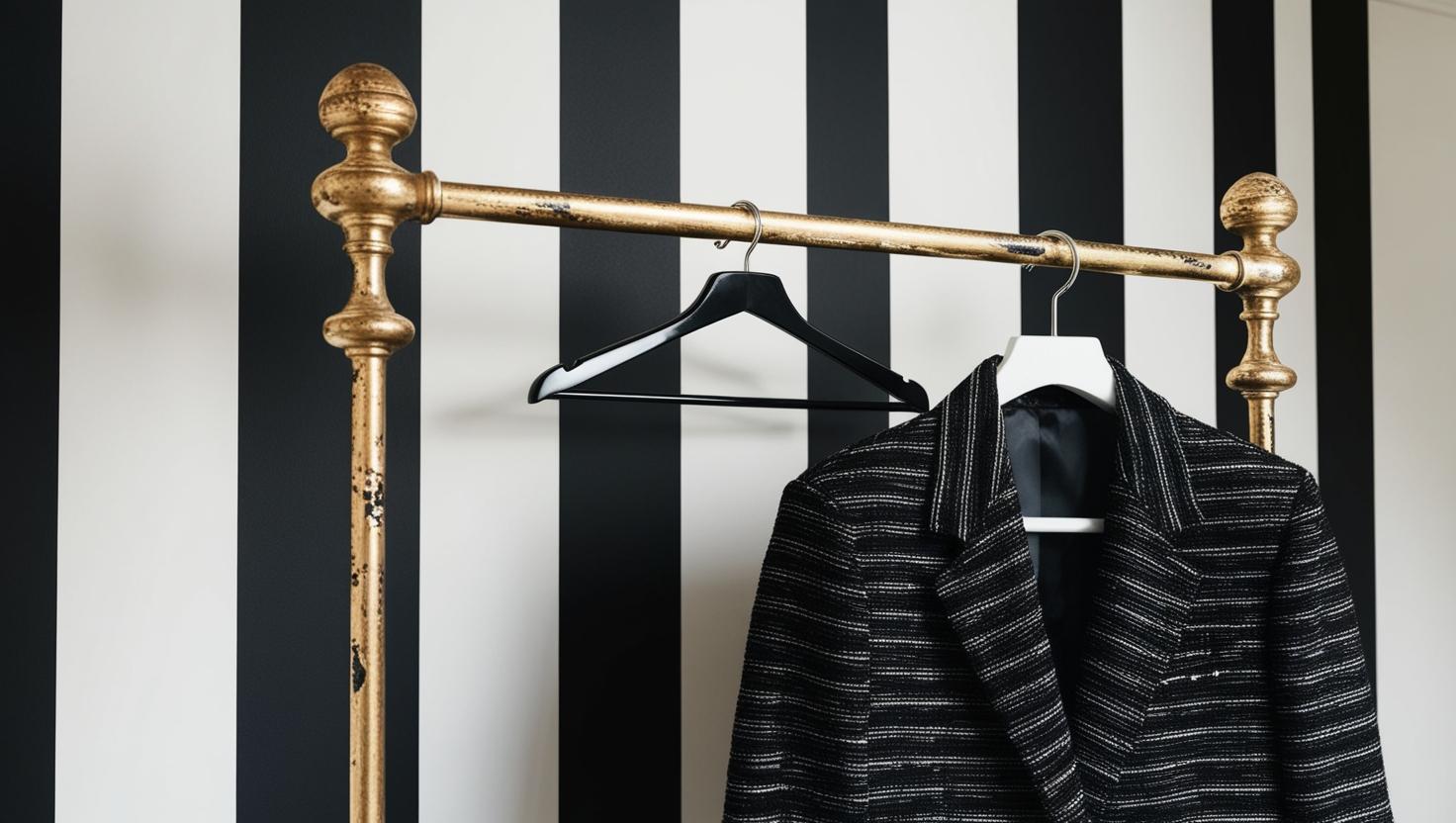 schwarz-weiße Streifentapete, antique goldene Kleiderstange, schwarzer Blazer mit eingewebten Querstreifen, 2 Kleiderbügel, Capsule Wardrobe, stil-verliebt