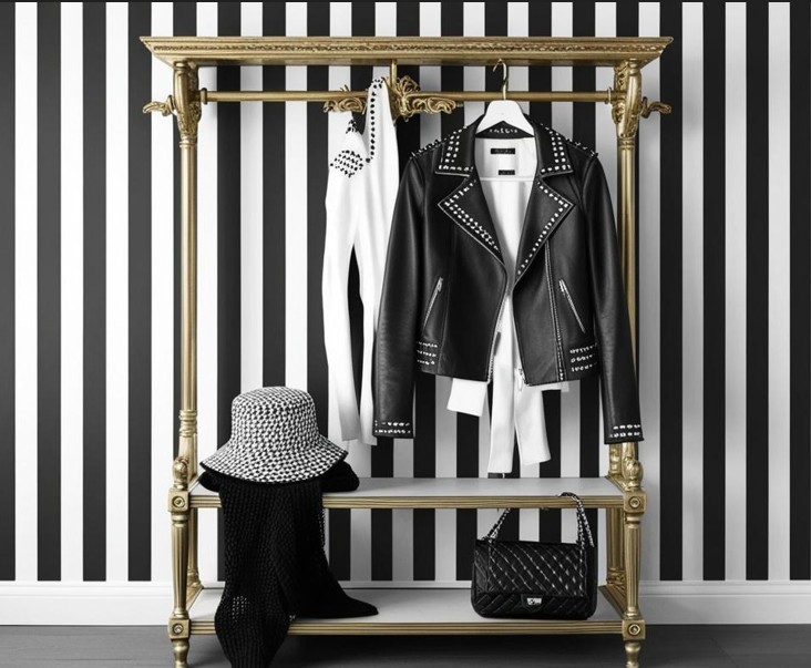 Bild mit schwarz-weißer Streifentapete, antique goldene Garderobe mit einer schwarzen Nietenlederjacke, schwarzer Lederstepptasche, schwarz-weißem Bucket Hat, Wardrobe Detox mit stil-verliebt