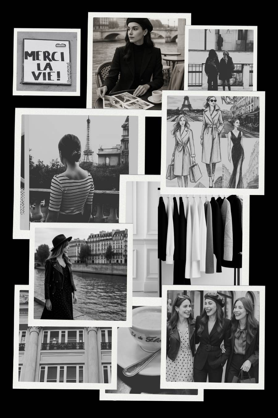schwarz-weiß Bild Collage Paris mit Outfits , Looks, Skizzen und Stimmung, Stilreise Paris, Personal Shopping mit stil-verliebt