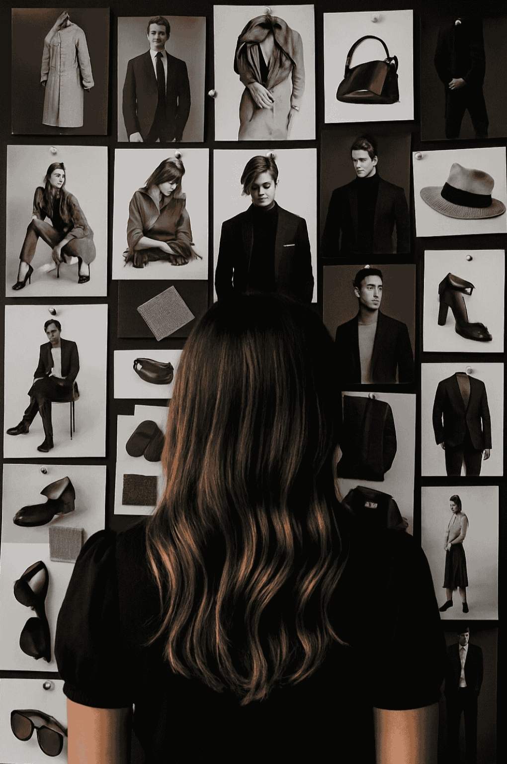 Bild Frau von hinten in schwarzem Kleid und braunen langen Haaren vor einem schwarz-weißen Moodboard stehend, Moodboard mit Outfits und Accessoires für Männer und Frauen, Stil-und Typberatung stil-verliebt