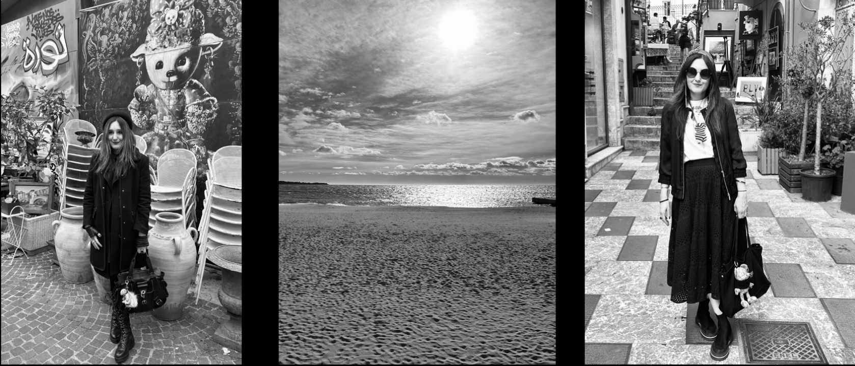 Über mich- Styling Coach- stil-verliebt-3 schwarz-weiß Bilder, 1. Bild: Frau vor Stühlen und Bild stehend- Vintage Markt Nizza, 2. Bild: Strand und Meer Cote d´Azur, 3. Bild: Frau in Gasse stehend- Taormina Sizilien