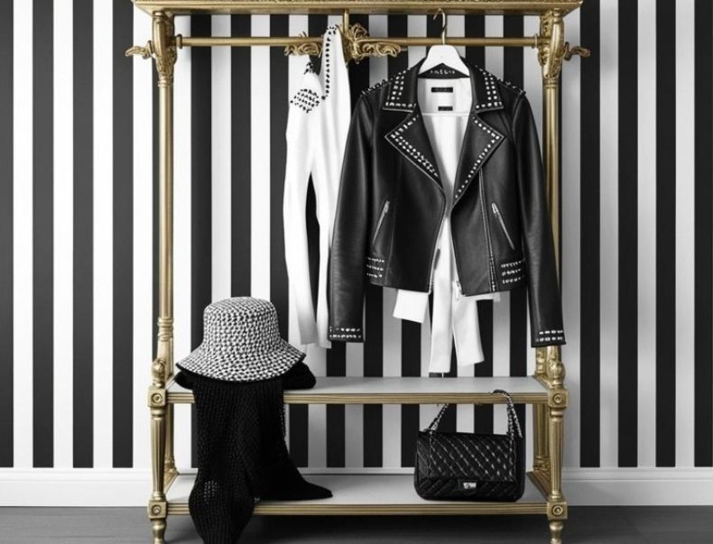 Bild mit schwarz-weißer Streifentapete, antique goldene Garderobe mit einer schwarzen Nietenlederjacke, schwarzer Lederstepptasche, schwarz-weißem Bucket Hat, Wardrobe Detox mit stil-verliebt